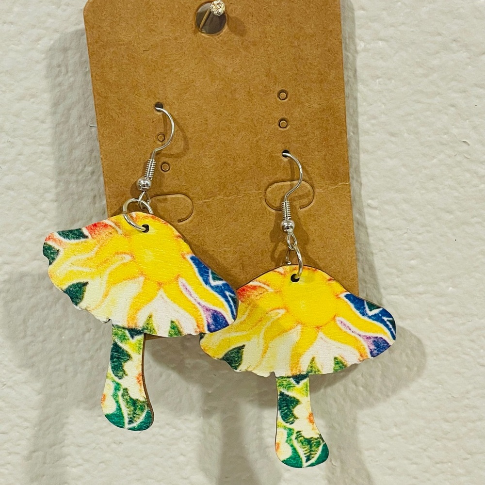 NEW 2D Cutout Floral Yellow Green Blue Mushroom Pierced Earrings